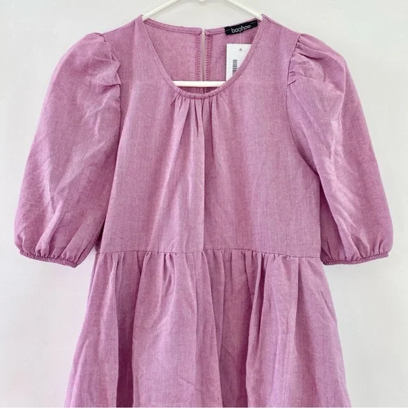 NWT Boohoo Puffball High Waist Mini Smock Dress Petite Purple 0 - Picture 3 of 12